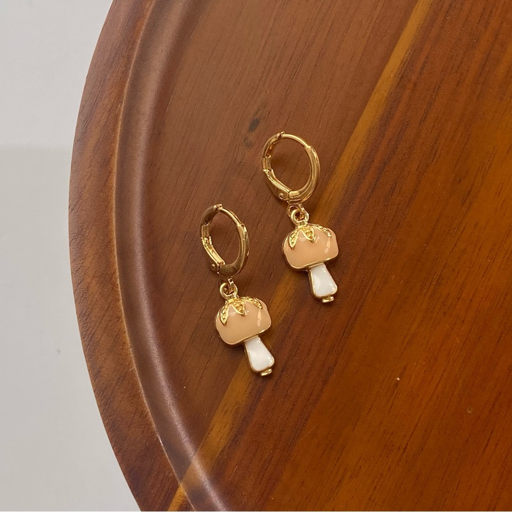 4/$15 Tan Color Enamel Cute Mushroom Gold Huggies Hoop Earrings